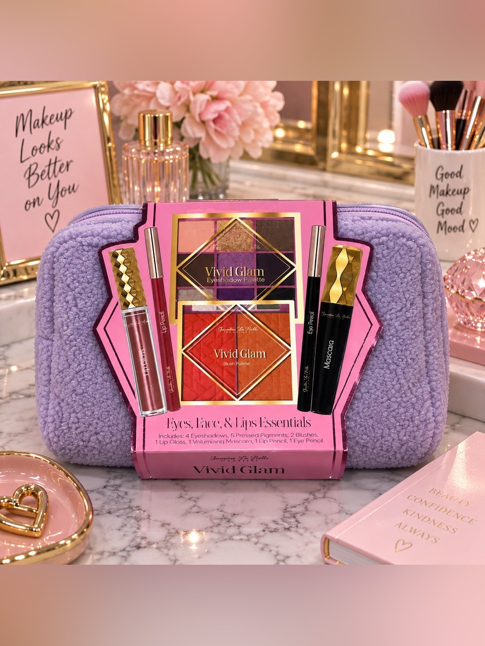 Vivid Glam Eyes Face & Lips Essentials Makeup Gift Set with Lavender Sherpa Bag